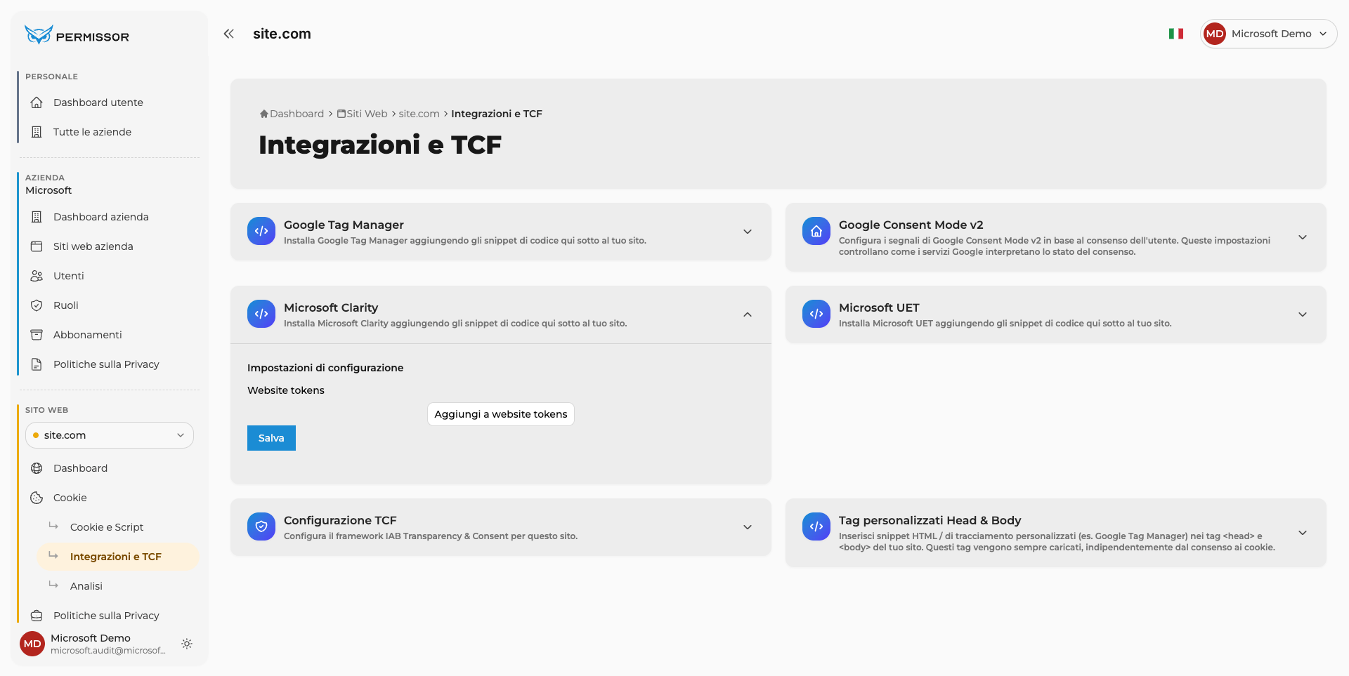 Pannello Impostazioni di configurazione espanso con il pulsante Aggiungi a website tokens