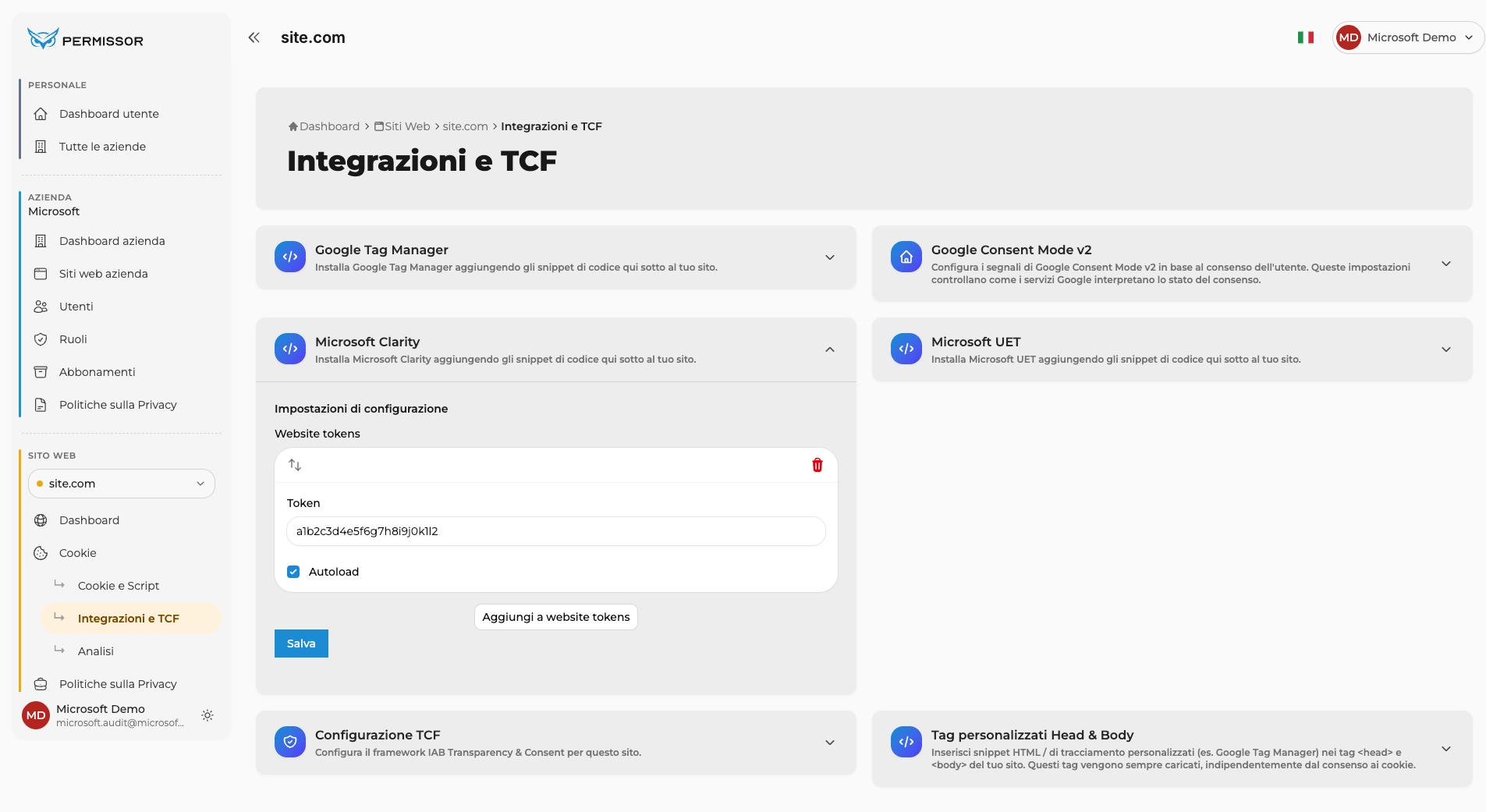 Campo Token con l'ID progetto Clarity, casella Autoload attiva e pulsante Salva