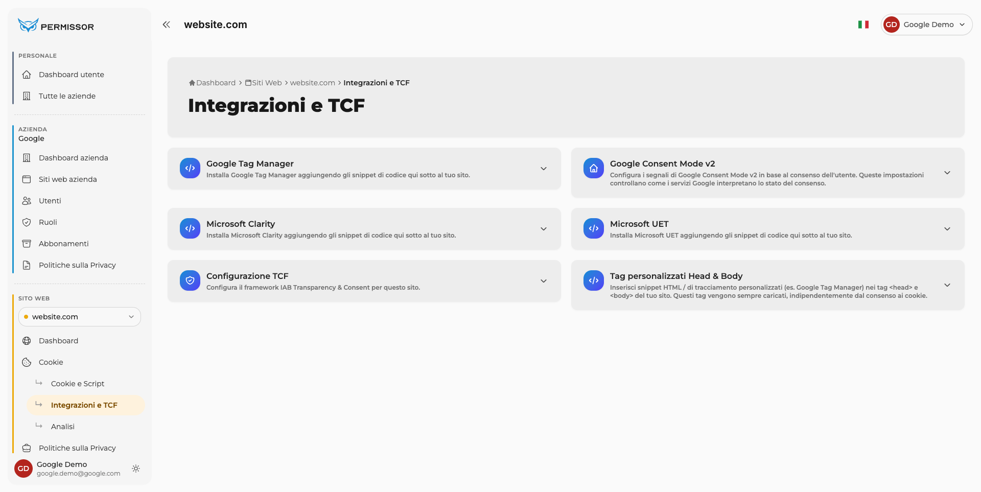 Voce Google Tag Manager nell'elenco delle integrazioni disponibili